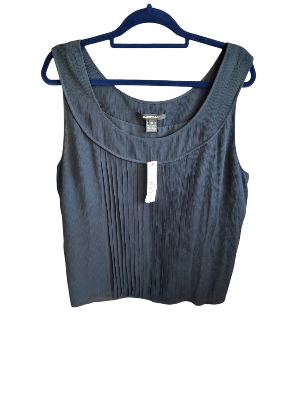 Ellen Tracy Silk Dark Navy Pleated Scoop Neck Sleeveless Top Size 16  NWT 50